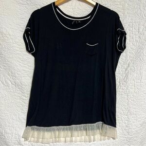 KENSIE Womens Lace Trimmed, Black T-shirt with White Stitching, Size M - #259